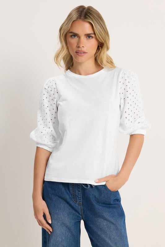 M&Co Petite White Broderie Cotton Puff Sleeve Top