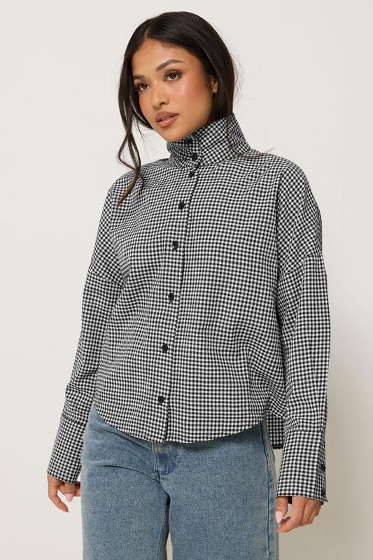  PixieGirl Petite Black Gingham Funnel Neck Shirt