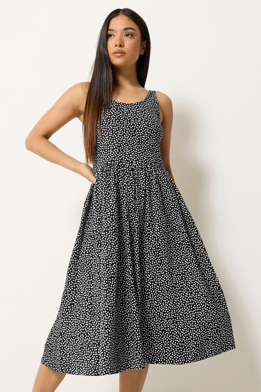 M&Co Petite Black Spot Print Sleeveless Cotton Midi Dress