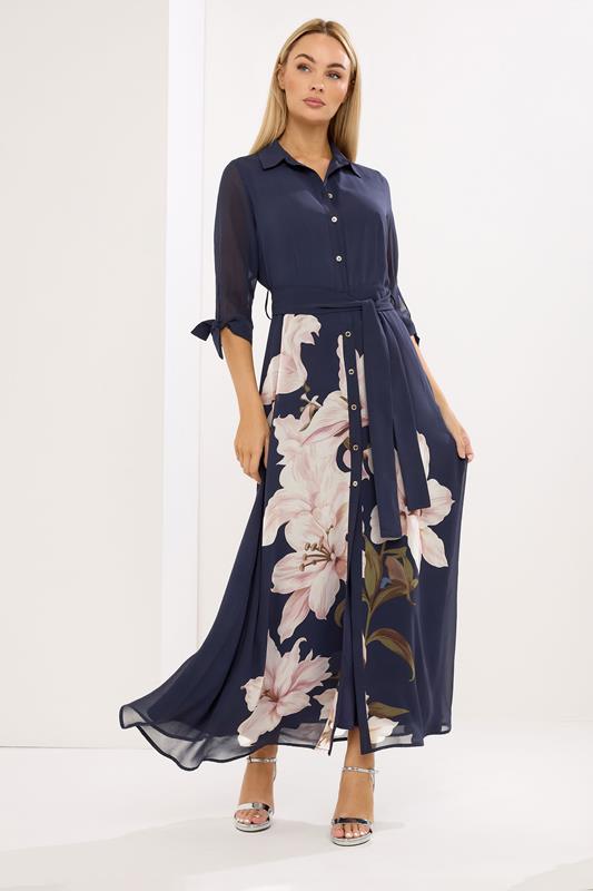  STAR Navy Blue Floral Print Shirt Dress