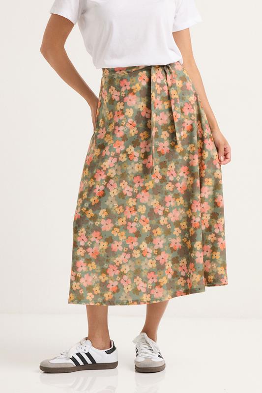 PixieGirl Petite Women's Green Floral Belt Tie Midi Skirt | PixieGirl 2