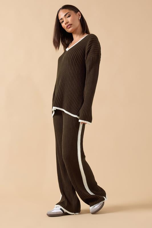 Petite  PixieGirl Petite Chocolate Brown Knitted Side Stripe Trousers