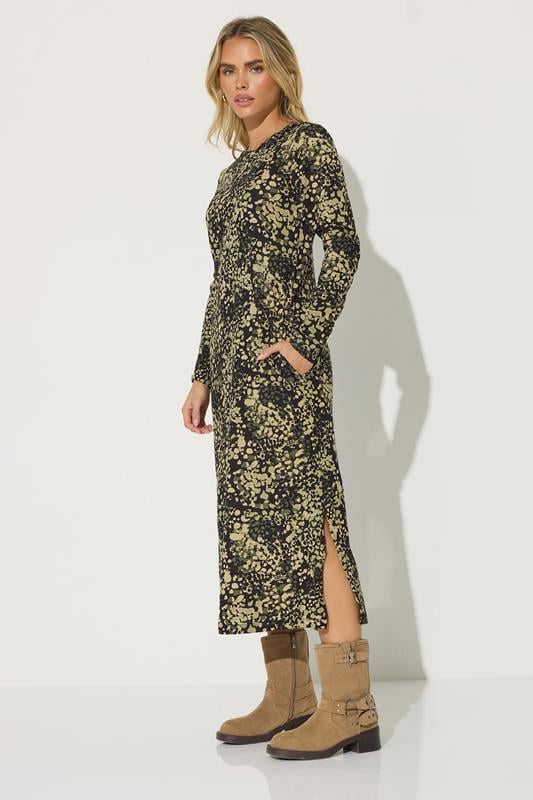 PixieGirl Petite Women's Khaki Green Abstract Animal Long Sleeve T-Shirt Dress | PixieGirl 2