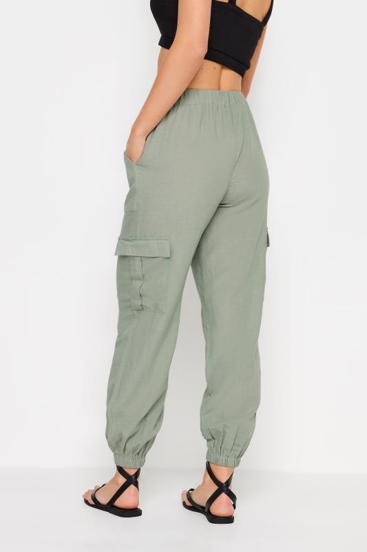 PixieGirl Petite Womens Sage Green Linen Cuffed Cargo Trousers | PixieGirl 4