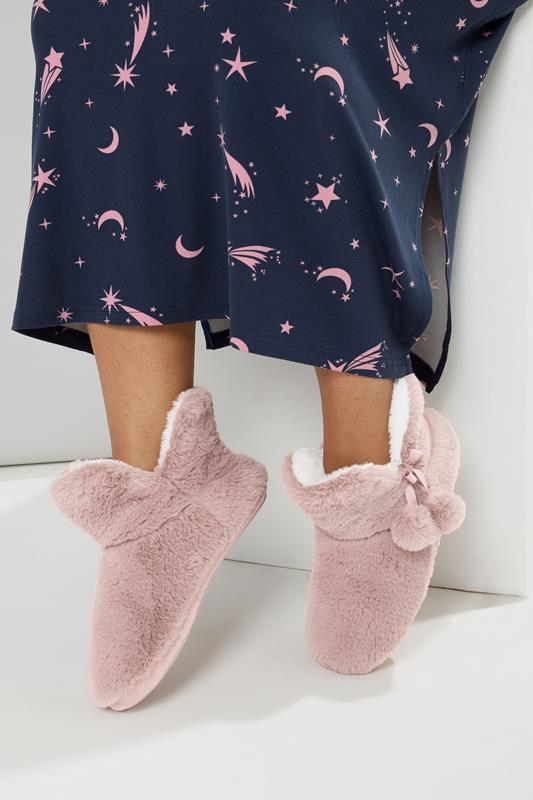 Plus Size  Yours Pink Pom Pom Faux Fur Boot Slippers