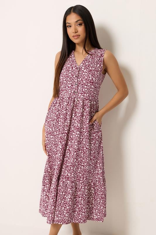 M&Co Petite Berry Red Floral Cotton Tiered Midi Dress