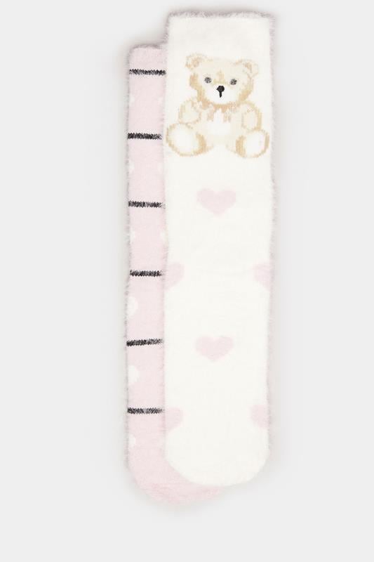 2 PACK White & Pink Teddy Bear Fluffy Bed Socks | Yours Clothing 6
