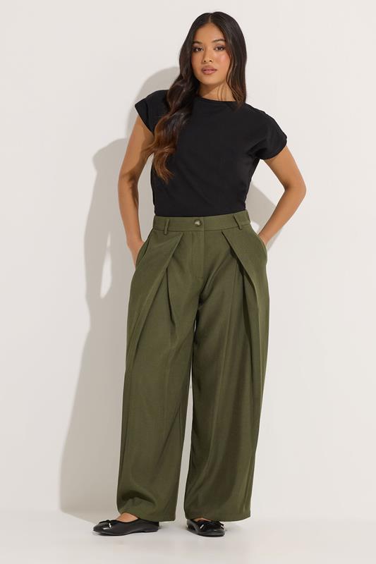  PixieGirl Petite Olive Green Wrap Pleated Wide Leg Trousers