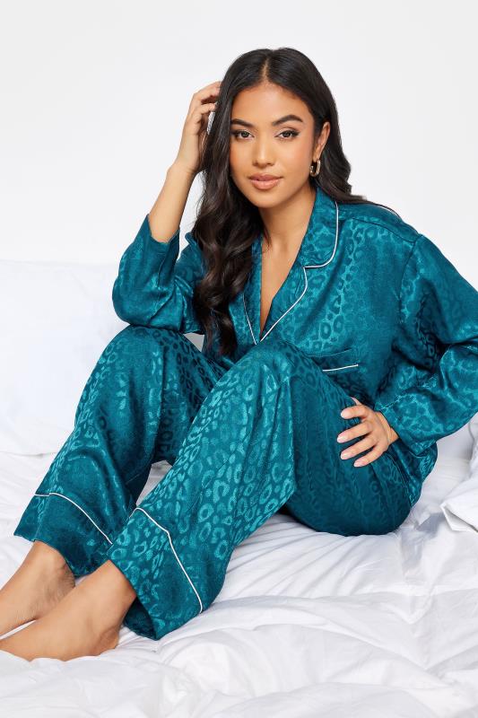 Petite  PixieGirl Teal Blue Leopard Print Satin Pyjama Set