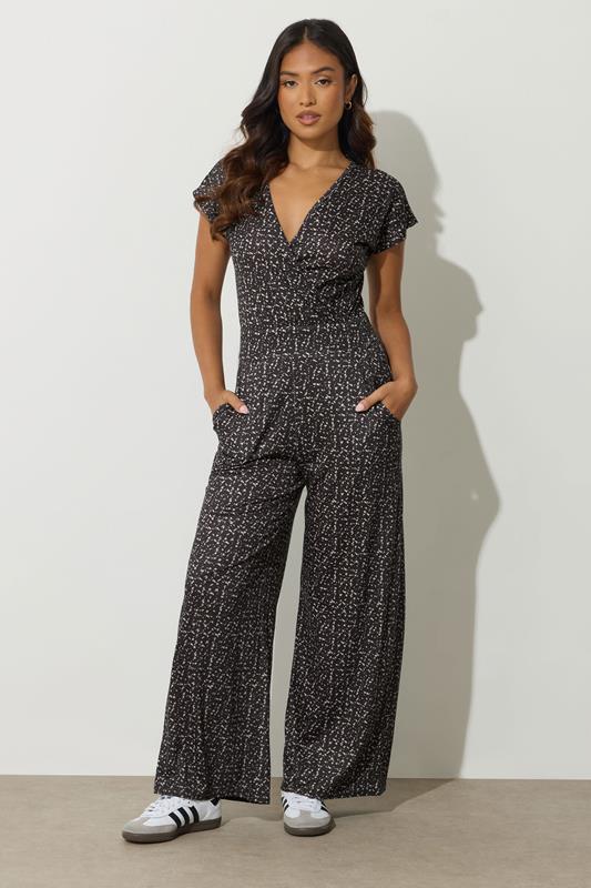 PixieGirl Petite Women's Black Abstract Wrap Wide Leg Jumpsuit | PixieGirl 2