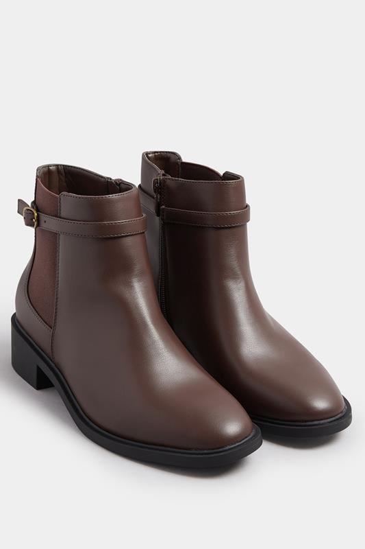 Plus Size  Yours Chocolate Brown Faux Leather Buckle Stretch Ankle Boots In Wide E Fit & Extra Wide EEE Fit