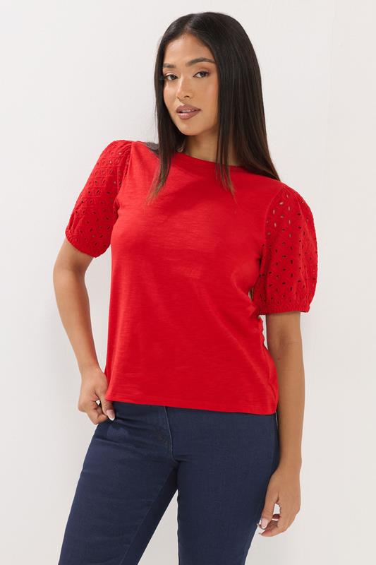  M&Co Petite Red Broderie Cotton Puff Sleeve Top