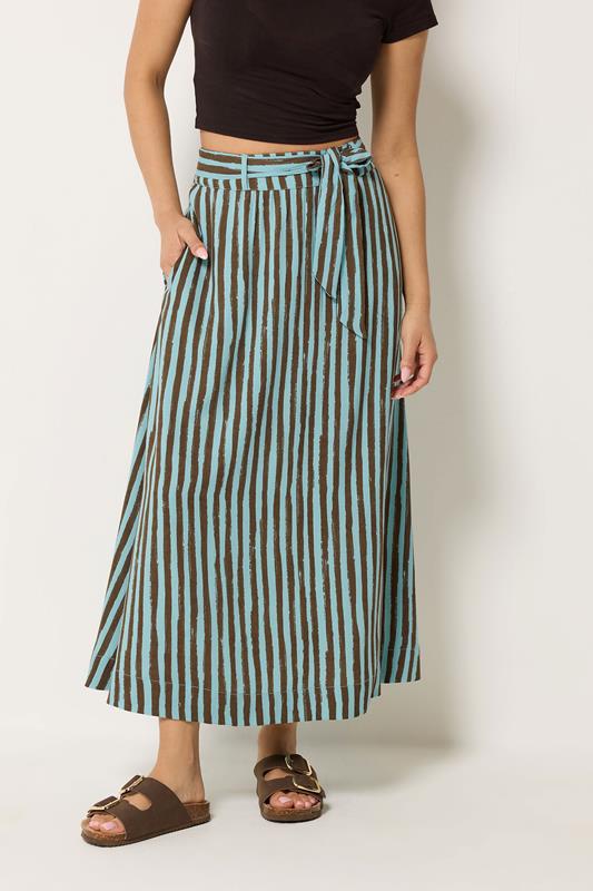 PixieGirl Petite Brown Stripe Belted Maxi Skirt