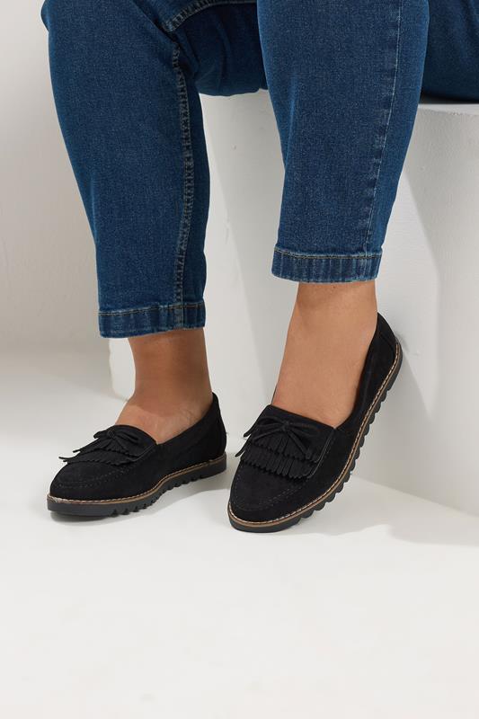 Black Faux Suede Fringe Loafers In Wide E Fit | Yours Clothing 1