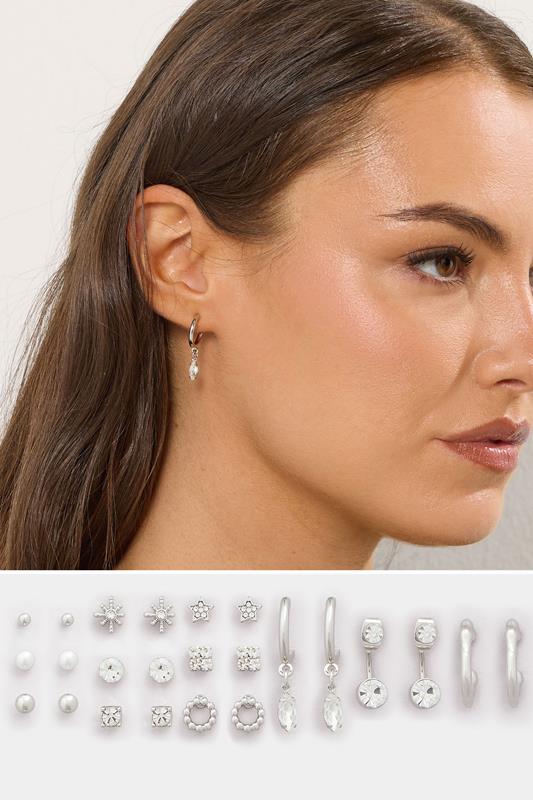 12 PACK Silver Tone Diamante Mixed Earring Set | Yours Clothing 1