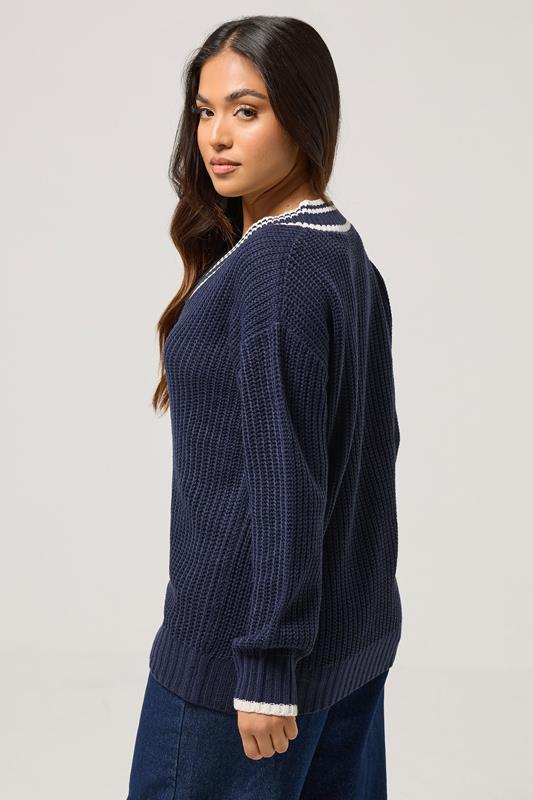 PixieGirl Petite Women's Navy Blue Contrast V-Neck Jumper | PixieGirl 4