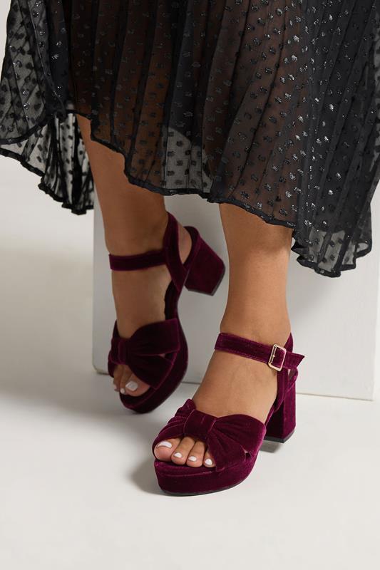 Plus Size  Yours Burgundy Red Velvet Bow Strap Platform Heels In Extra Wide Fit