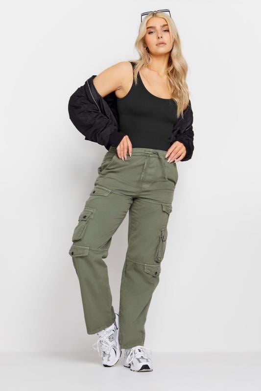 Khaki Green Drawstring Waist Cargo Trousers | PixieGirl 1