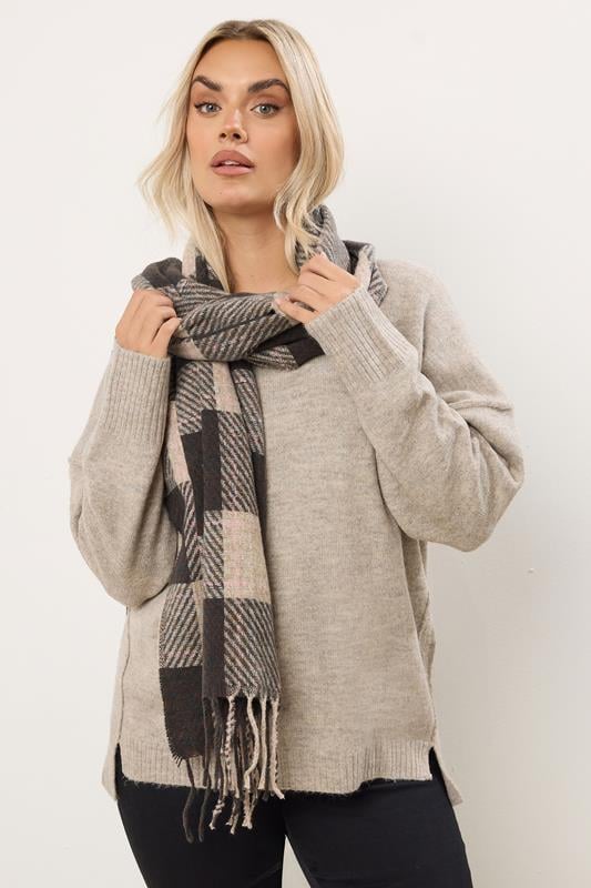 Plus Size  Yours Chocolate Brown Checked Scarf