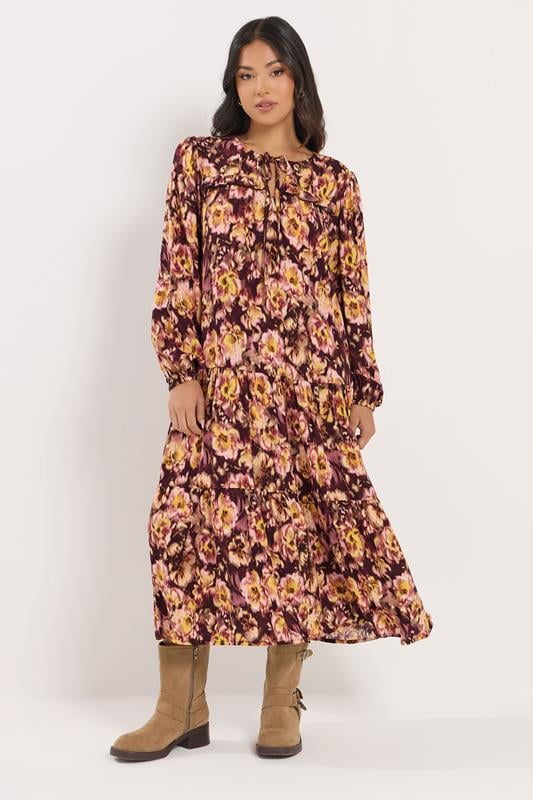 PixieGirl Petite Brown Blurred Floral Ruffle Dress