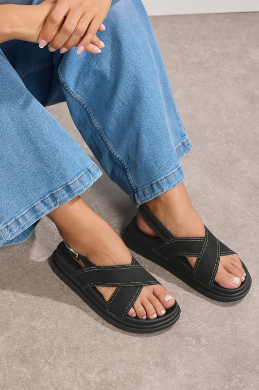 Plus Size  Yours Black Contrast Stitch Cross Strap Sandals In Extra Wide EEE Fit