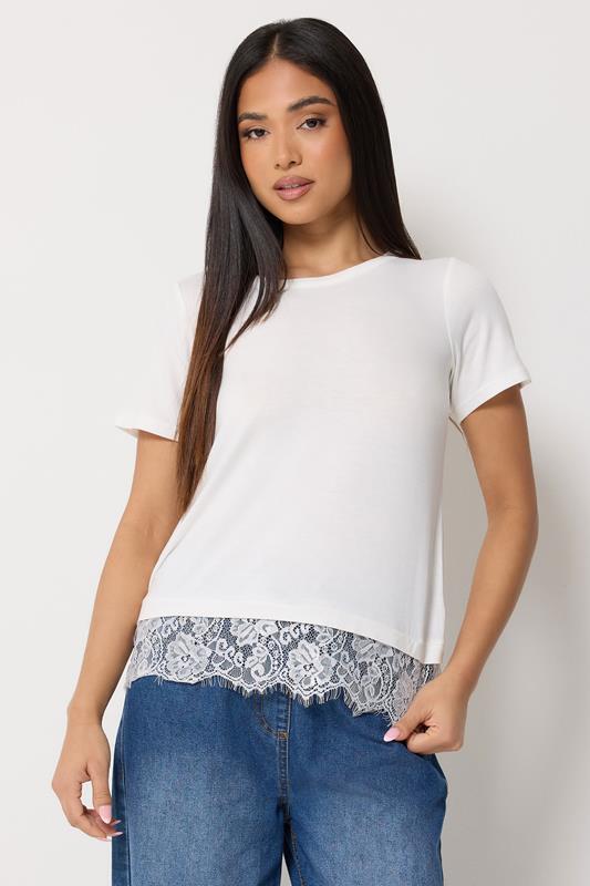 M&Co Petite Ivory White Lace Hem T-Shirt