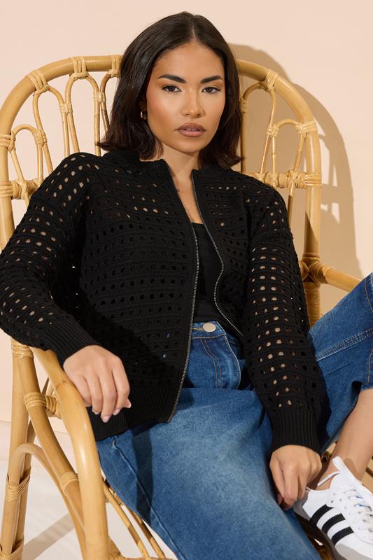 Petite  PixieGirl Black Crochet Knit Bomber Jacket