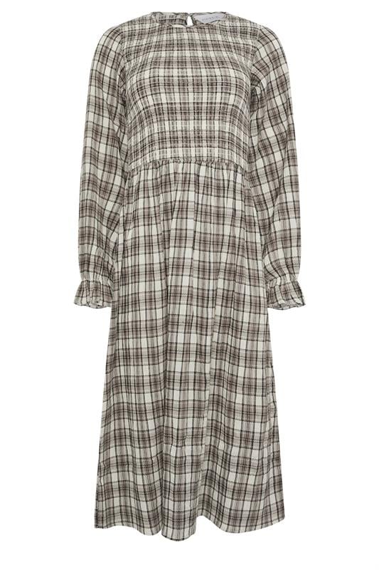 PixieGirl Petite Women's Brown Check Shirred Long Sleeve Midi Dress | PixieGirl 5