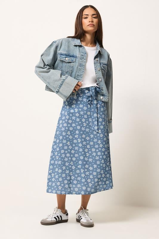 PixieGirl Petite Blue Daisy Belted Midi Skirt