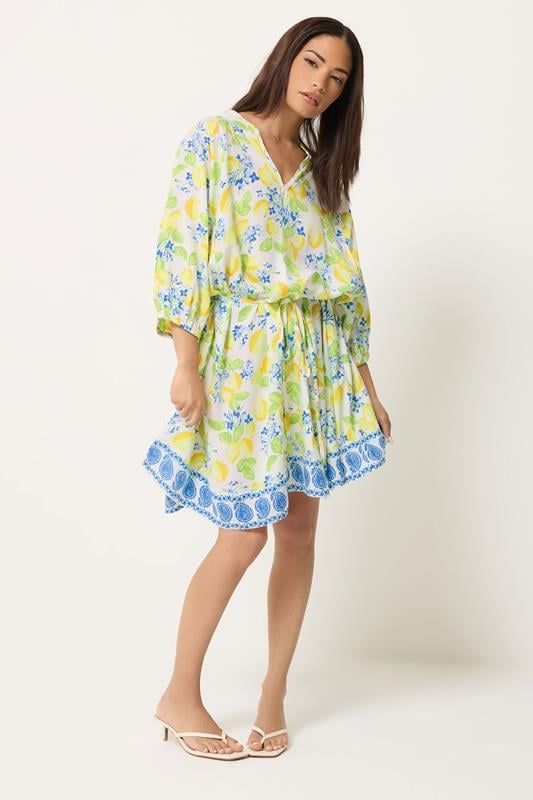 PixieGirl Petite Women's White Lemon Print Shirt Mini Dress | PixieGirl