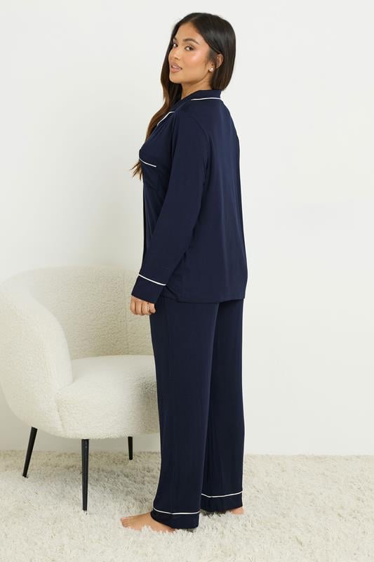PixieGirl Petite Women's Navy Blue Piped Long Sleeve Jersey Pyjama Set | PixieGirl 3