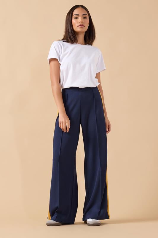 Petite  PixieGirl Petite Navy Blue & Yellow Side Stripe Trousers
