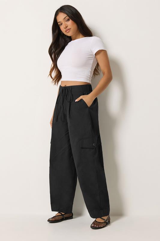 PixieGirl Petite Black Poplin Cotton Cargo Barrel Leg Trousers