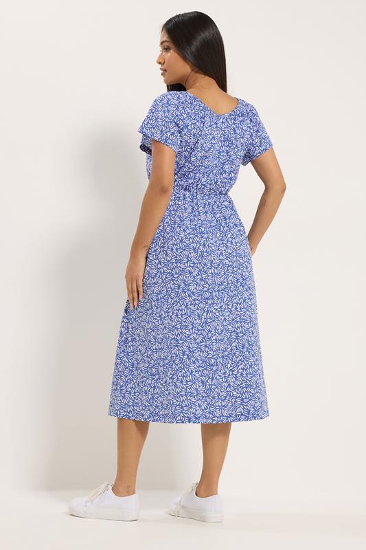 M&Co Petite Blue Leaf Print Tie Neck Cotton Midi Dress | M&Co 2