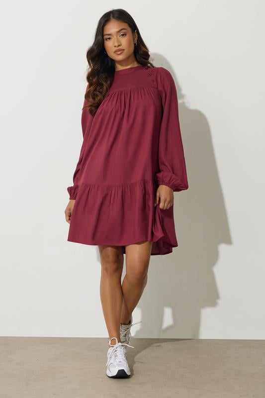 PixieGirl Petite Women's Dark Red Button Smock Midi Dress | PixieGirl 2