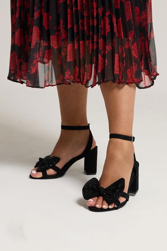 Plus Size  Yours Black Diamante Bow Block Heel Sandals In Extra Wide EEE Fit