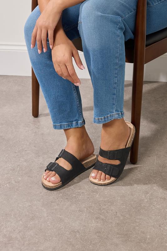 Plus Size  Yours Black Faux Suede Buckle Strap Sandals In Extra Wide EEE Fit