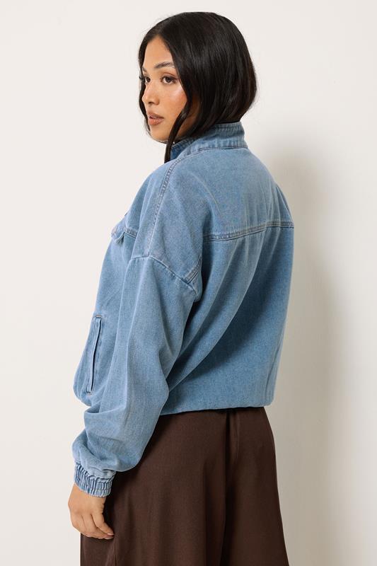 PixieGirl Petite Women's Mid Blue Funnel Neck Denim Trucker Jacket | PixieGirl 2