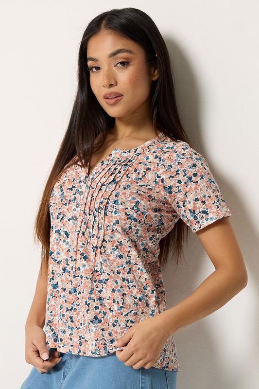  M&Co Petite Orange Ditsy Floral Cotton Henley Top
