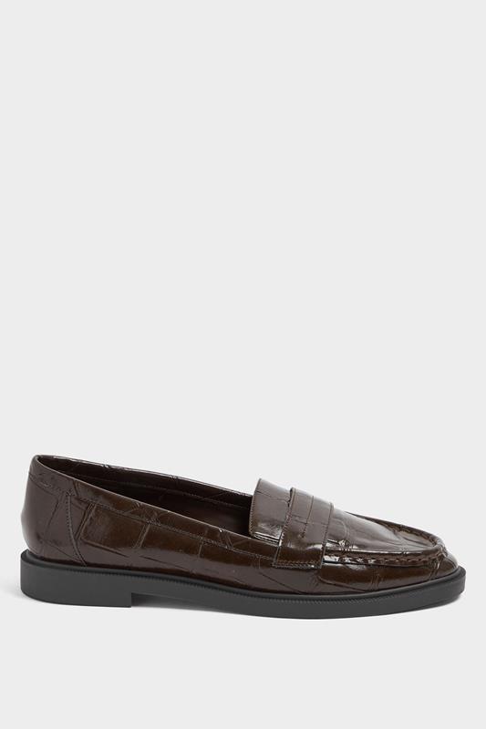 Chocolate Brown Croc Embossed Loafers In Wide E Fit | Yours Clothing 1
