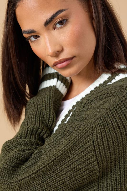 PixieGirl Petite Women's Khaki Green Contrast Cable Knit Cardigan | PixieGirl 4