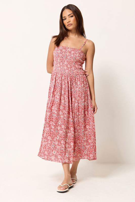 PixieGirl Petite Women's Red Floral Shirred Linen Midi Dress | PixieGirl 1