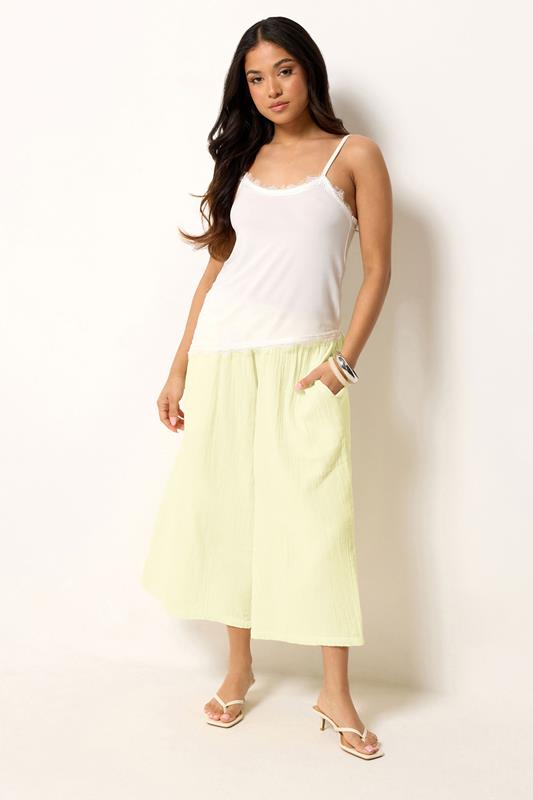  PixieGirl Petite Lemon Yellow Cotton Cheesecloth Cropped Wide Leg Trousers