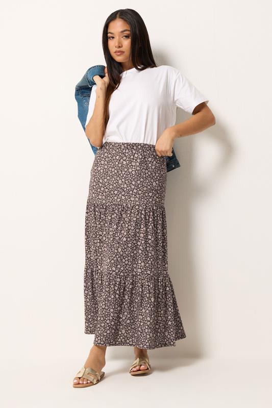 M&Co Petite Brown Floral Tiered Maxi Skirt | M&Co 1