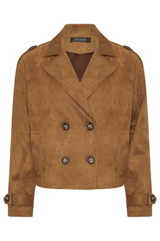 PixieGirl Petite Women's Brown Faux Suede Cropped Trench Coat | PixieGirl 6