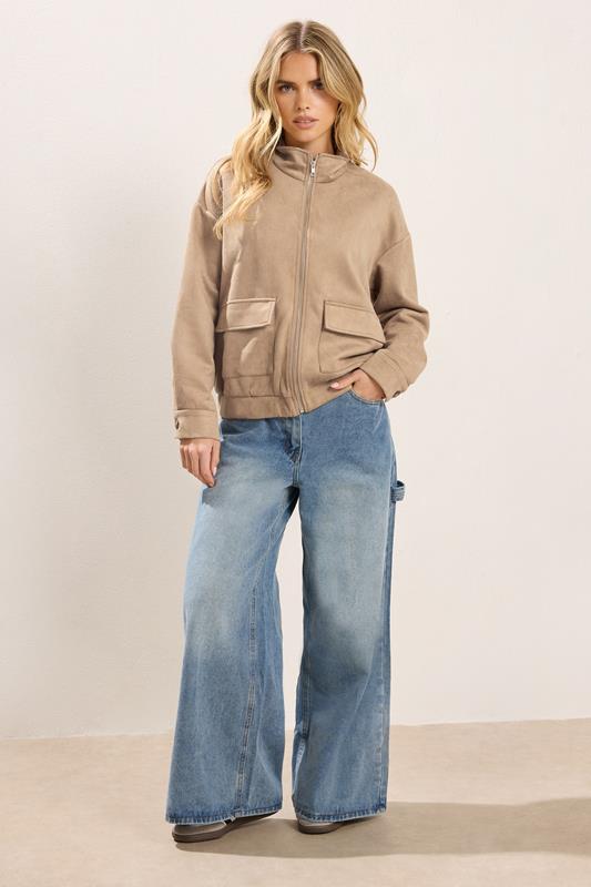 PixieGirl Petite Women's Natural Brown Faux Suede Bomber Jacket | PixieGirl 3