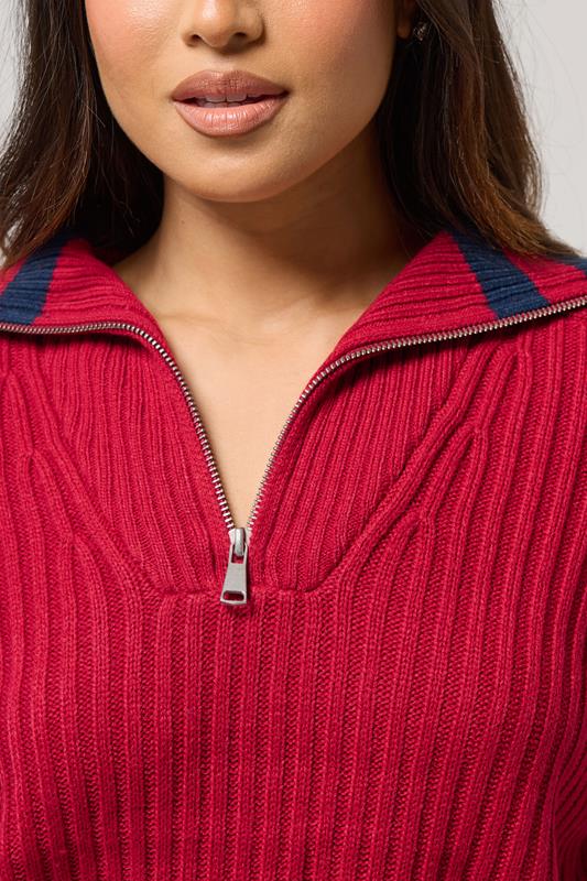 PixieGirl Petite Women's Red Knitted Stripe Quarter Zip Jumper | PixieGirl 5