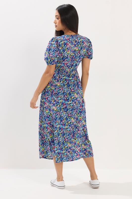 M&Co Petite Blue Ditsy Floral Puff Sleeve Dress | M&Co 2