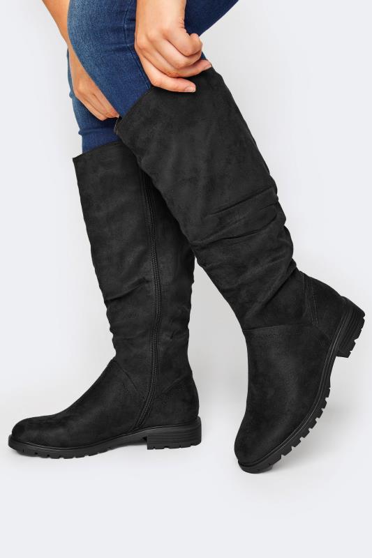 Plus Size  Yours Black Ruched Cleated Boots In Wide E Fit & Extra Wide EEE Fit