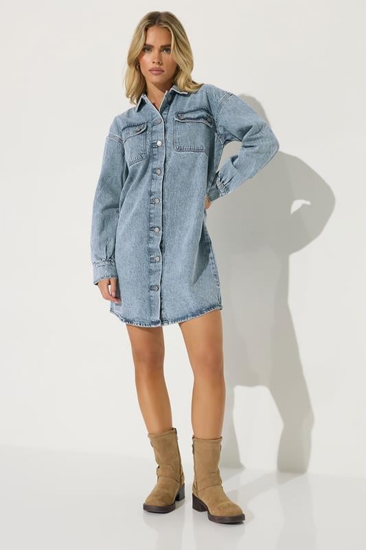 Petite  PixieGirl Petite Blue Denim Shirt Mini Dress